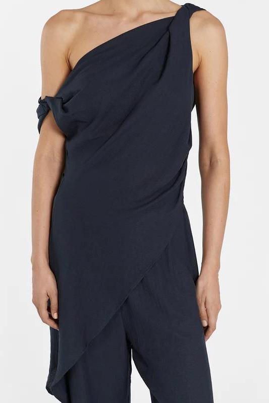 Asymmetrical Twist Detailing Top Linen Blend Pants Set