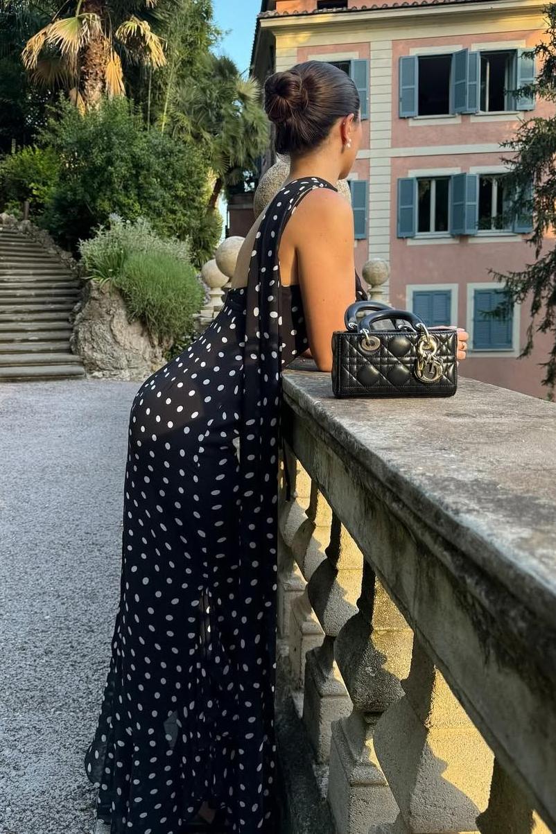 Black And Cream Polka Dot Ruffle Maxi Dress