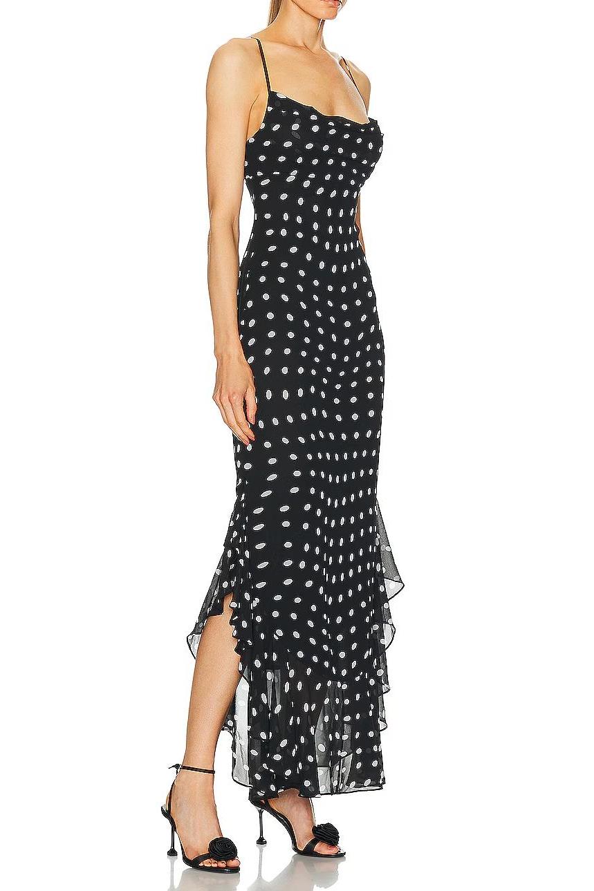 Black And Cream Polka Dot Ruffle Maxi Dress