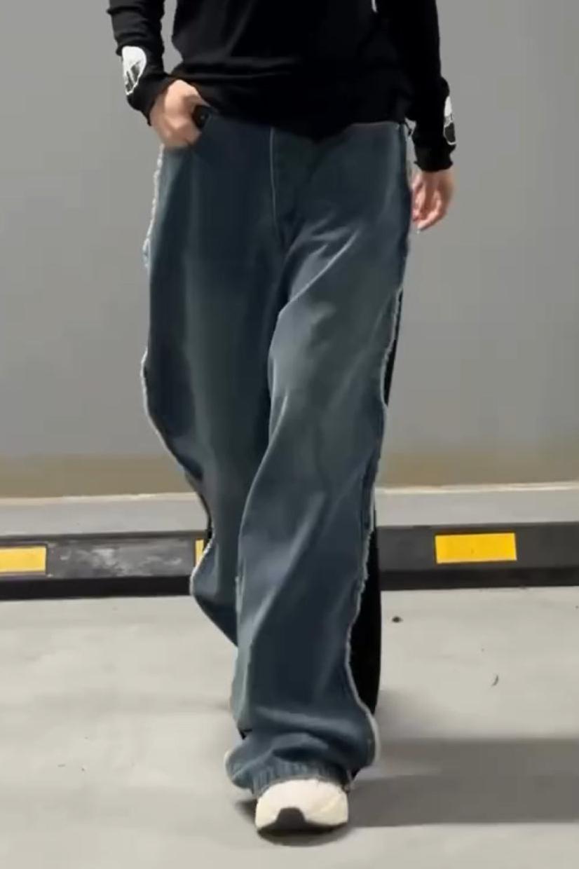 Black Denim Patchwork Raw Edge Jeans