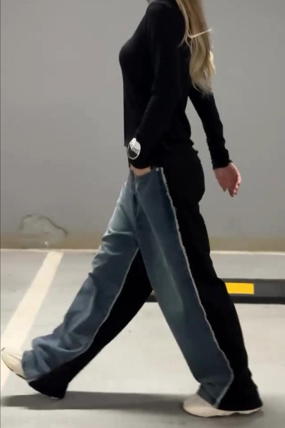 Black Denim Patchwork Raw Edge Jeans