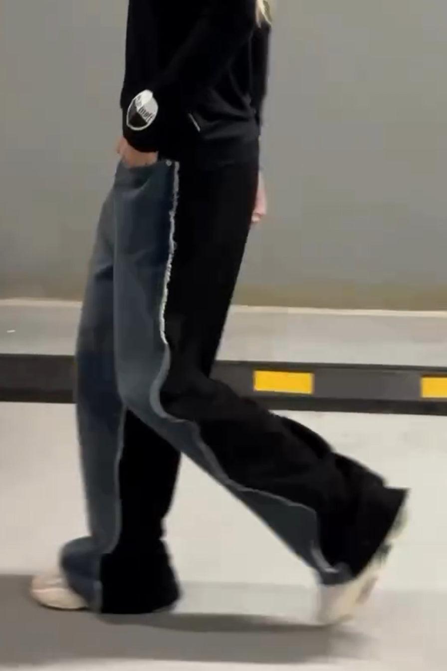 Black Denim Patchwork Raw Edge Jeans