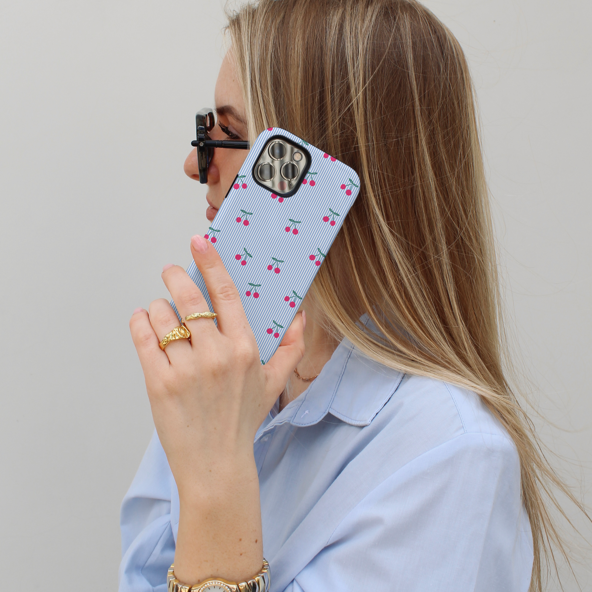Tough Phone Case - Blue Stripe Cherries