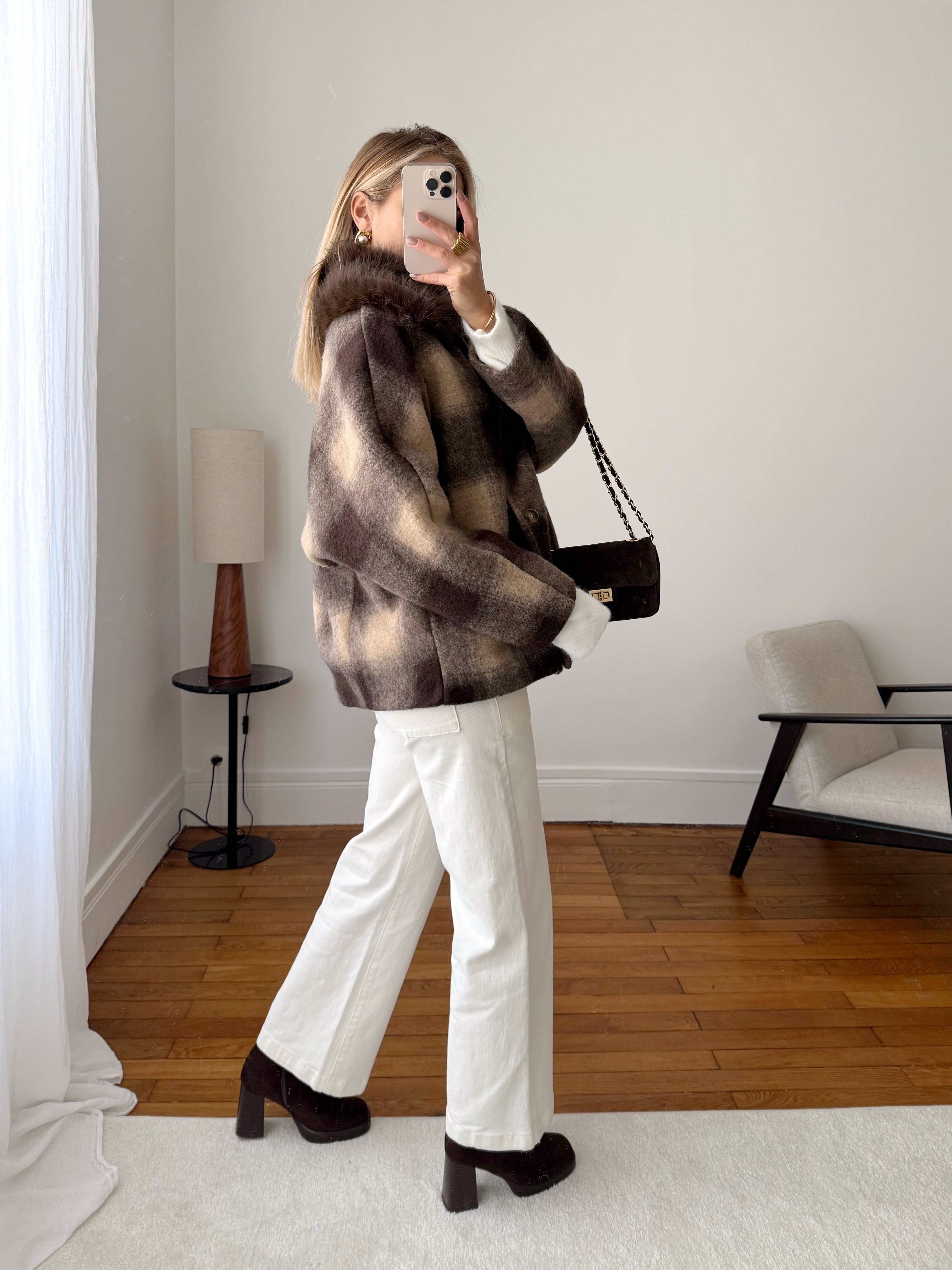 Checkered Wool Coat with Fur Collar MAM/LRIN