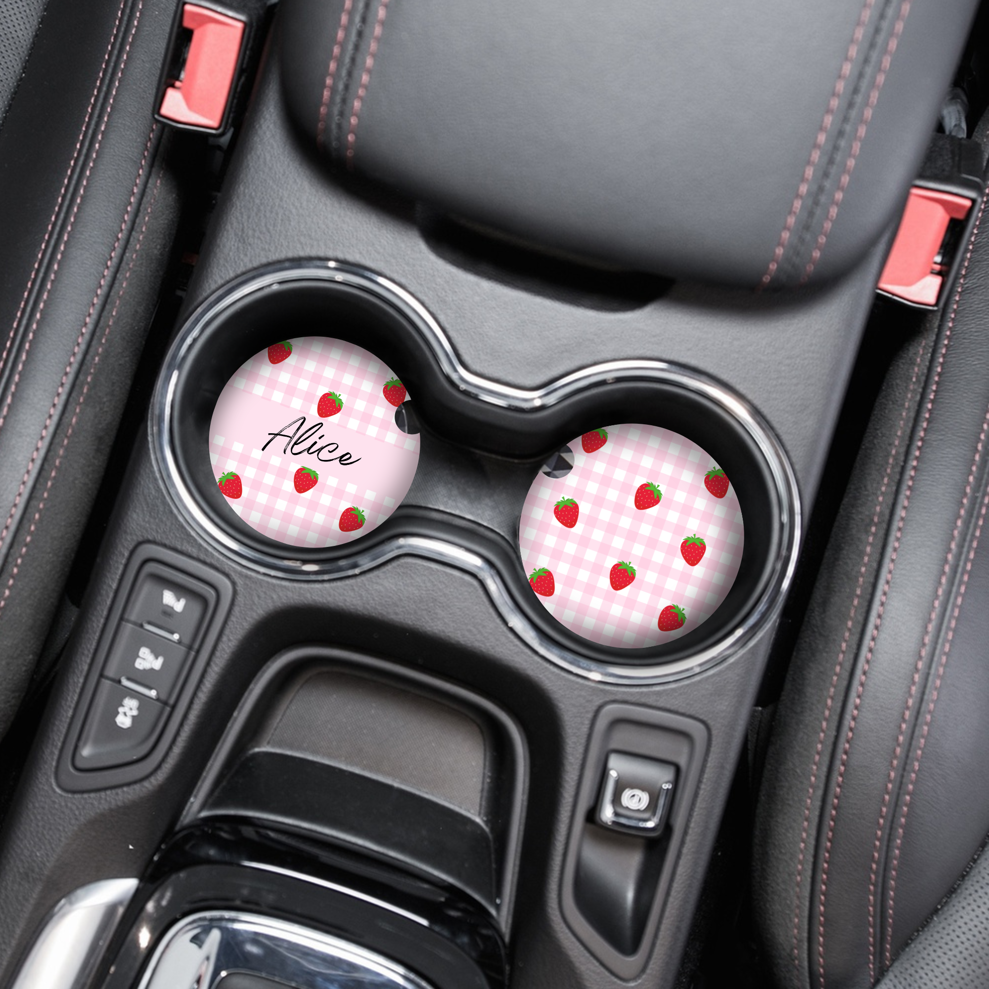 Kişiye Özel İsimli Araba Bardak Altlıkları - Çilekli Piknik