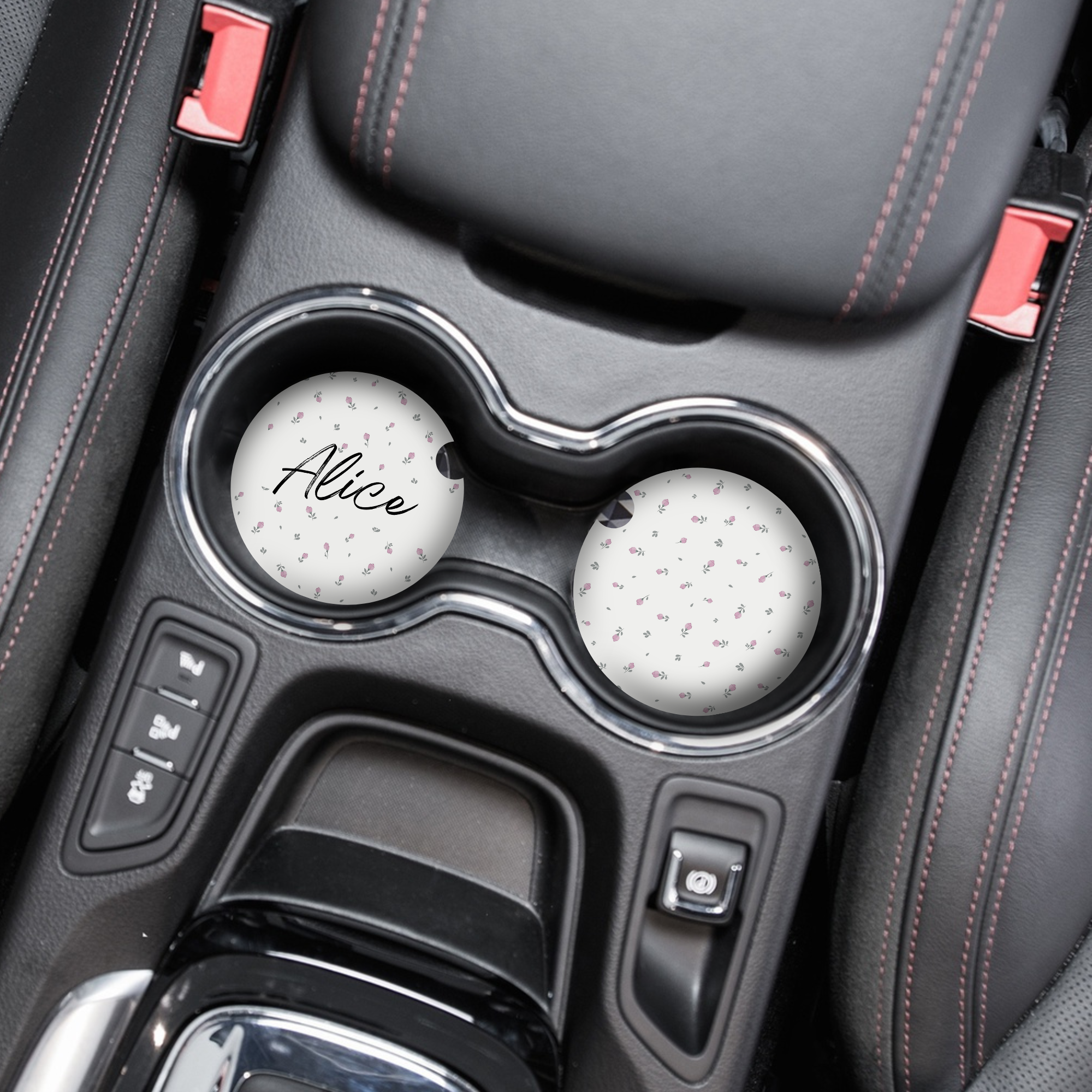 Kişiye Özel İsimli Araba Bardak Altlıkları - Küçük Çiçekli Beyaz