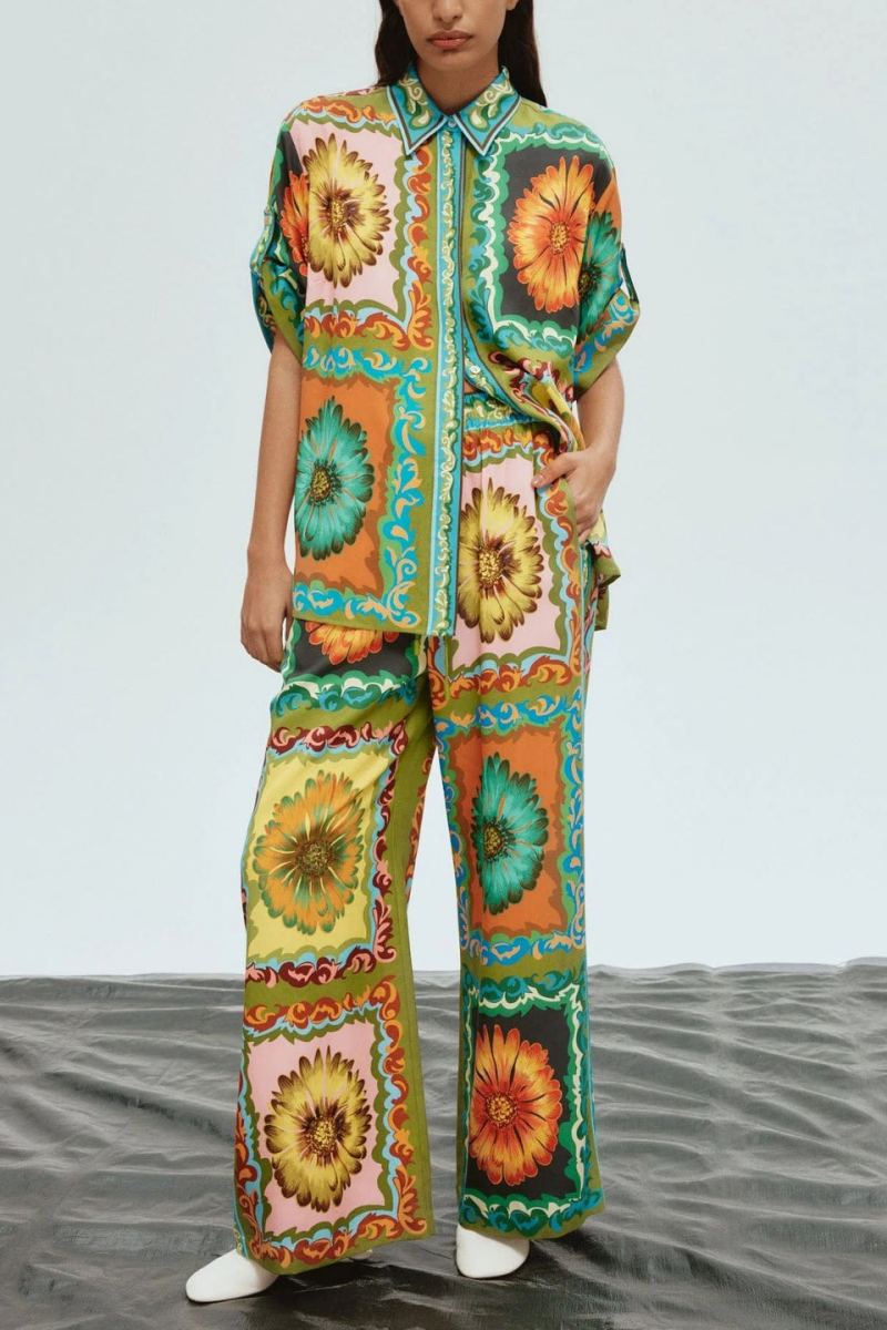 Unique Sunflower Print Wide Leg Pants-Set