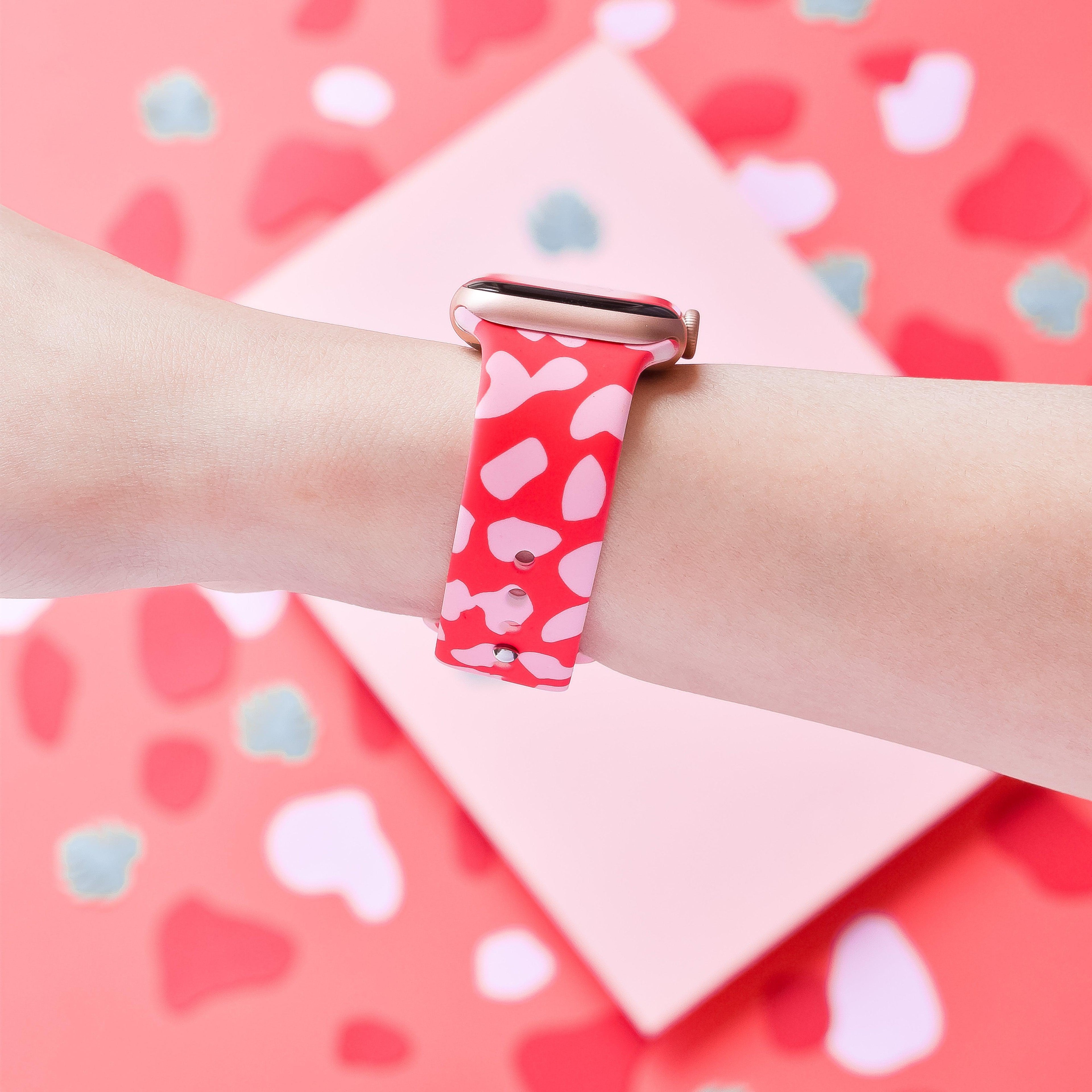 Kırmızı ve Pembe Leopar Desenli Apple Watch Kayışı