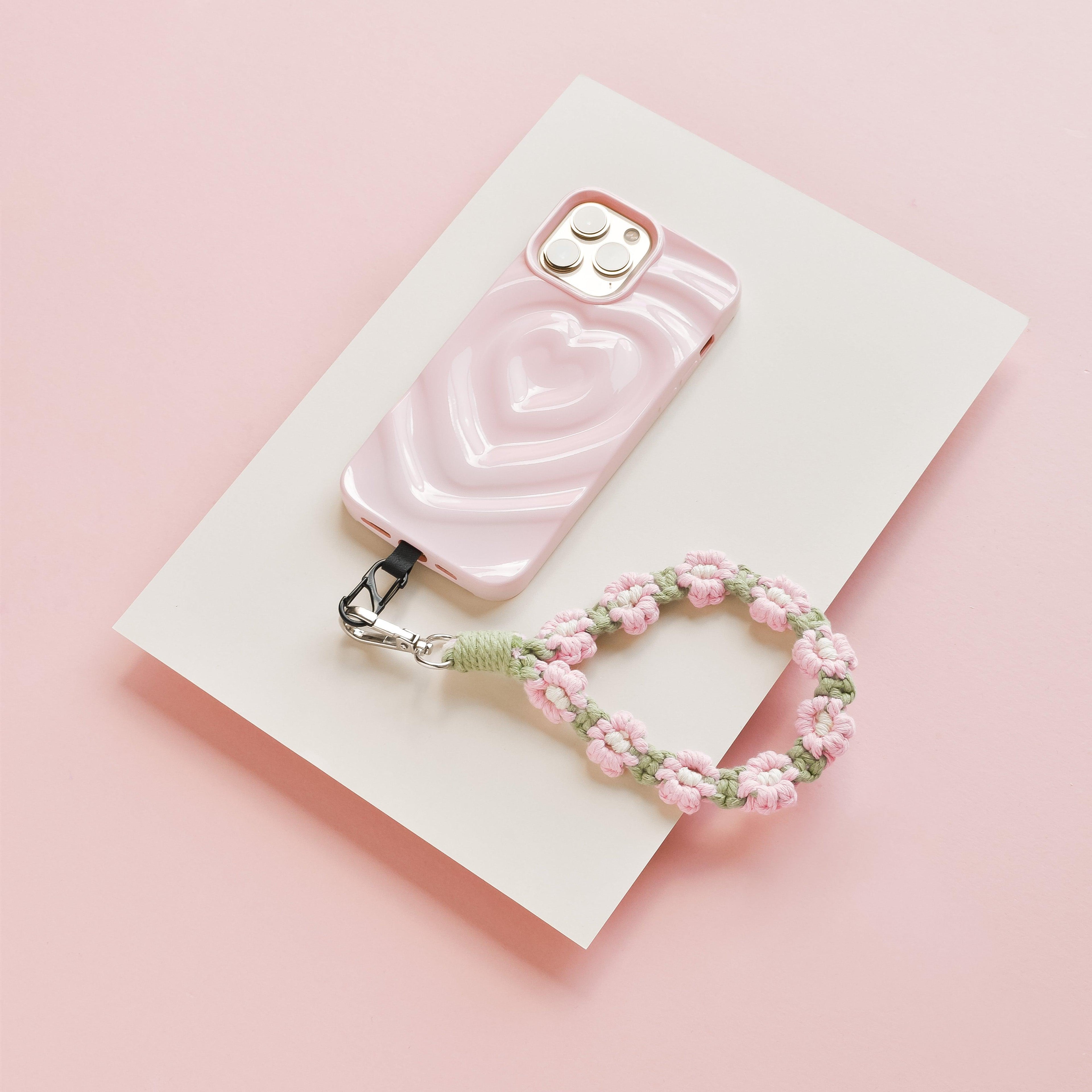 Tığ İşi Çiçekli Telefon Askısı Seti - Pembe ve Yeşil