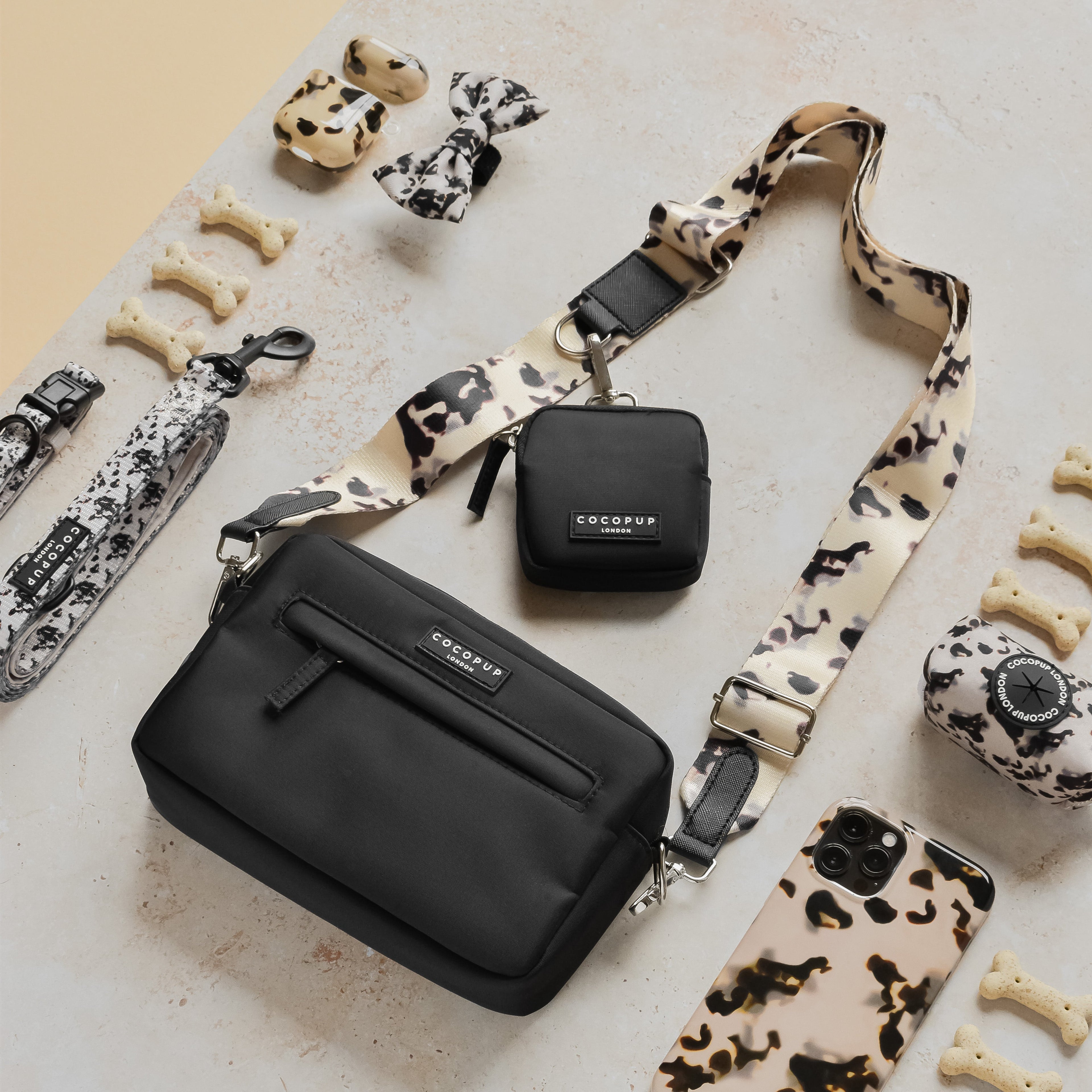 Köpek Gezdirme Çantası Seti - Fildişi Kaplumbağa Desenli