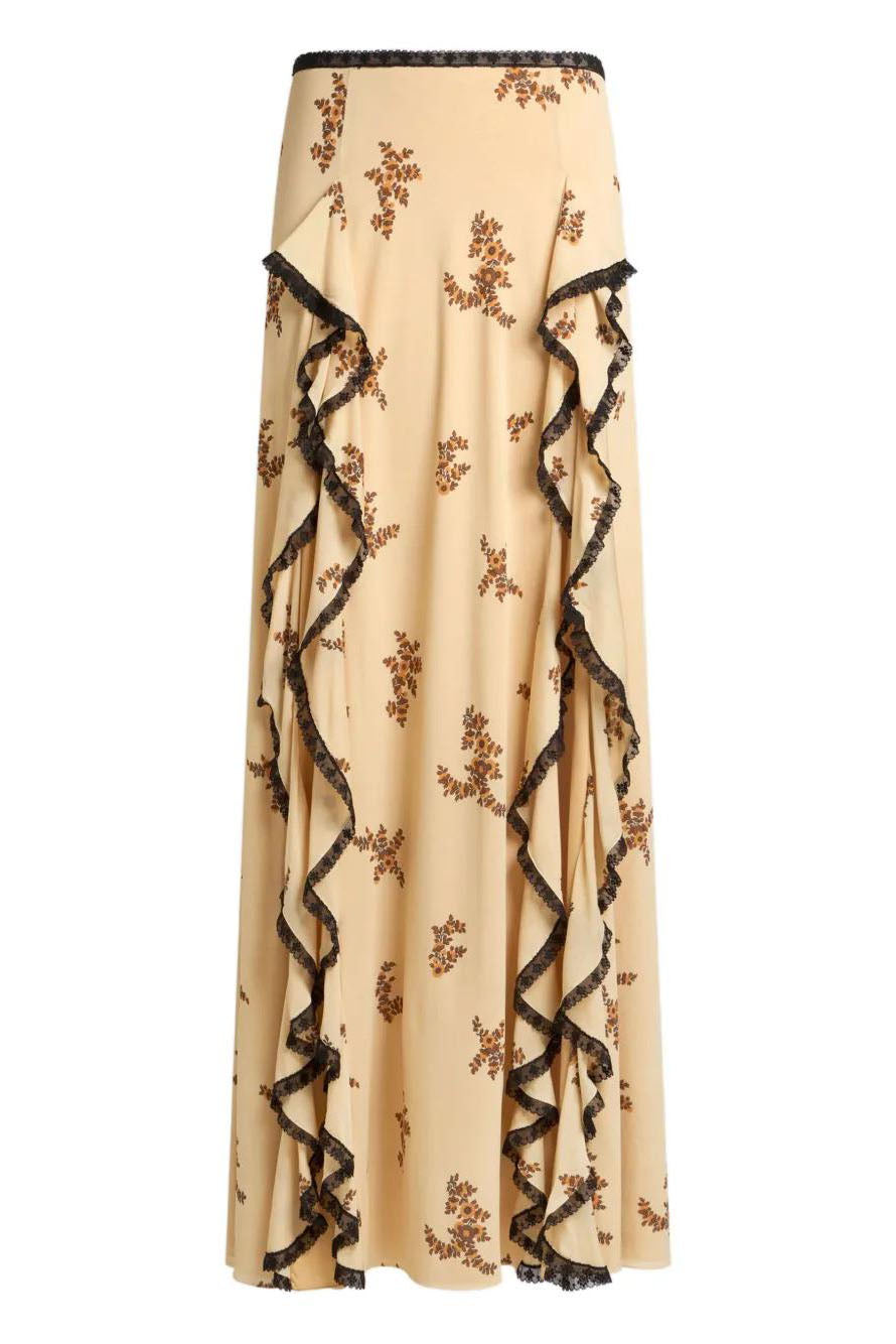 Floral Printed Ruffled Lace Trim Maxi Skirt