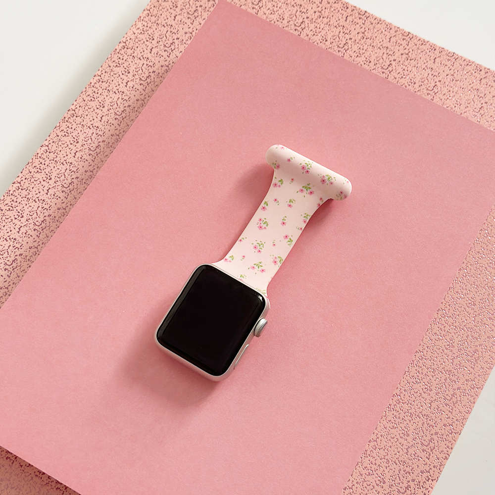 Apple Watch Klipsli Anahtarlık Kayışı - Pembe Çiçekli Desen