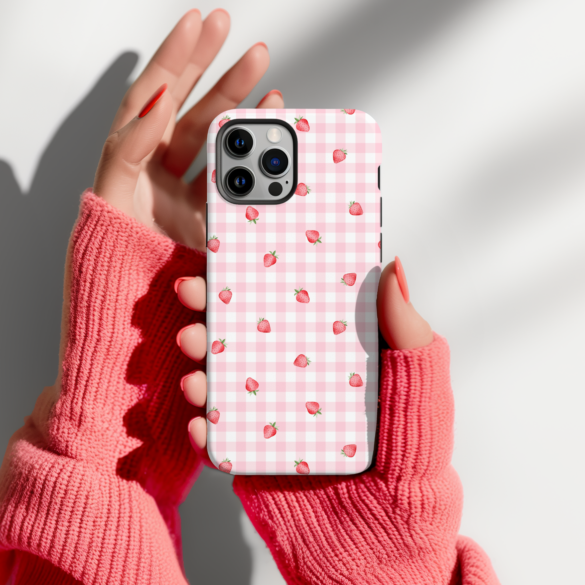 Tough Phone Case - Gingham Ditsy Strawberries