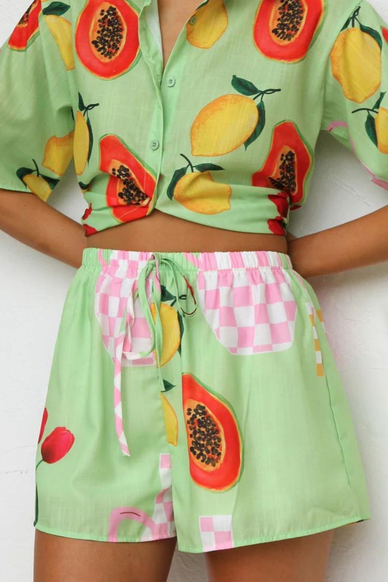 Casual Printed Cardigan Shirt Shorts Set