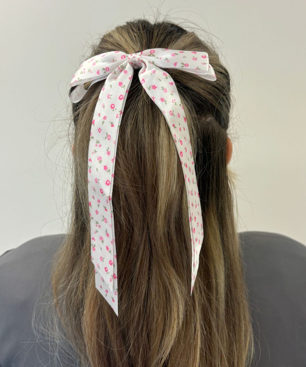 Ribbon Bow Clip - Pink Watercolour Flowers