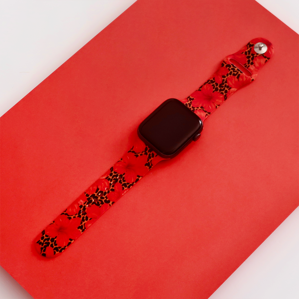 Leopar ve Hibiskus Desenli Apple Watch Kayışı