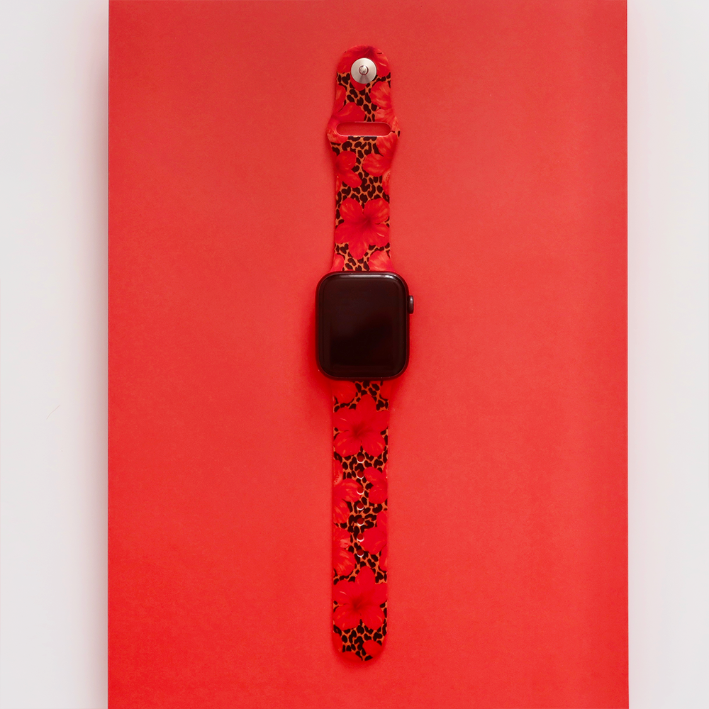 Leopar ve Hibiskus Desenli Apple Watch Kayışı