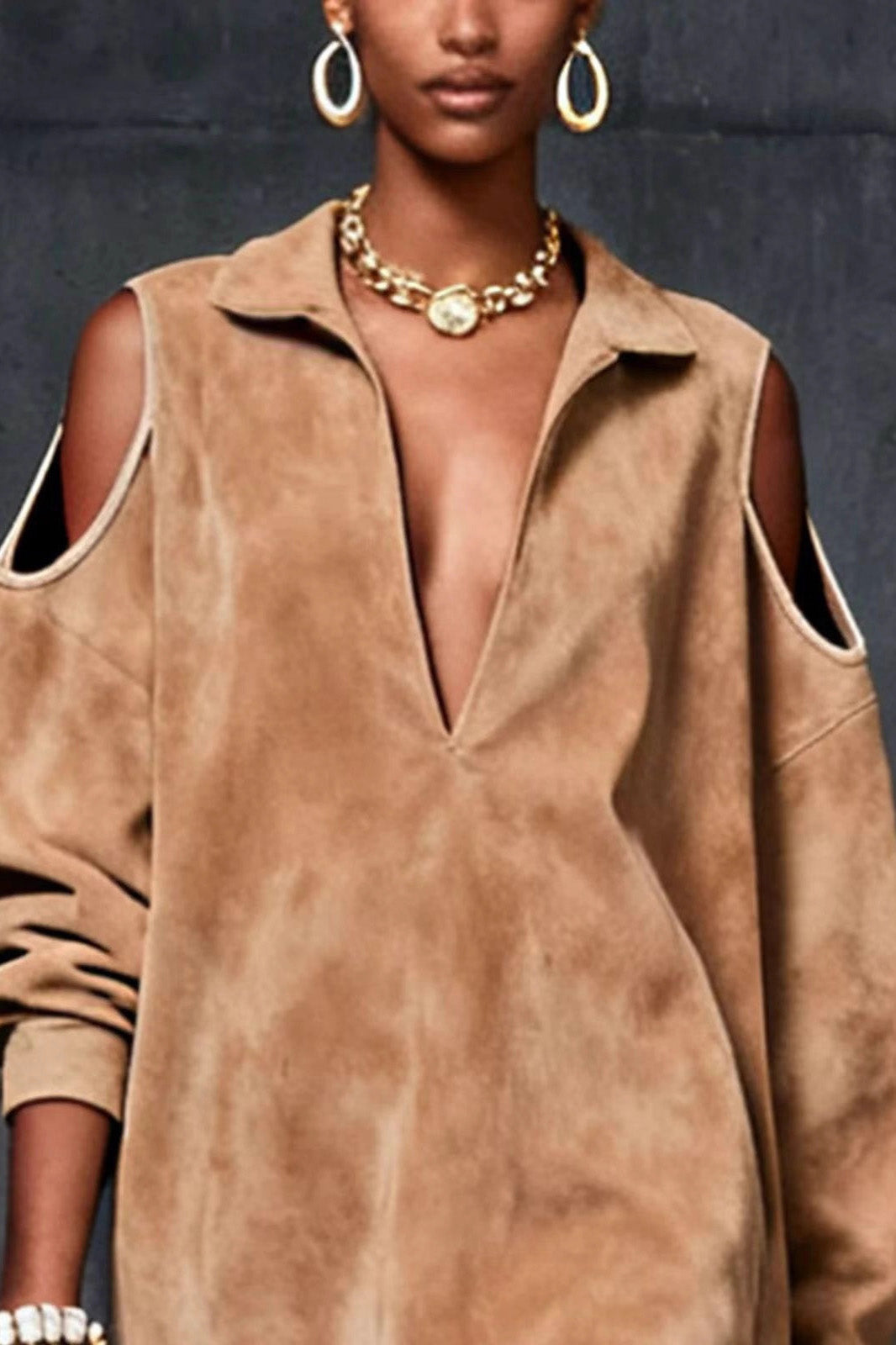 Camel Faux Suede Cold-Shoulder Mini Dress
