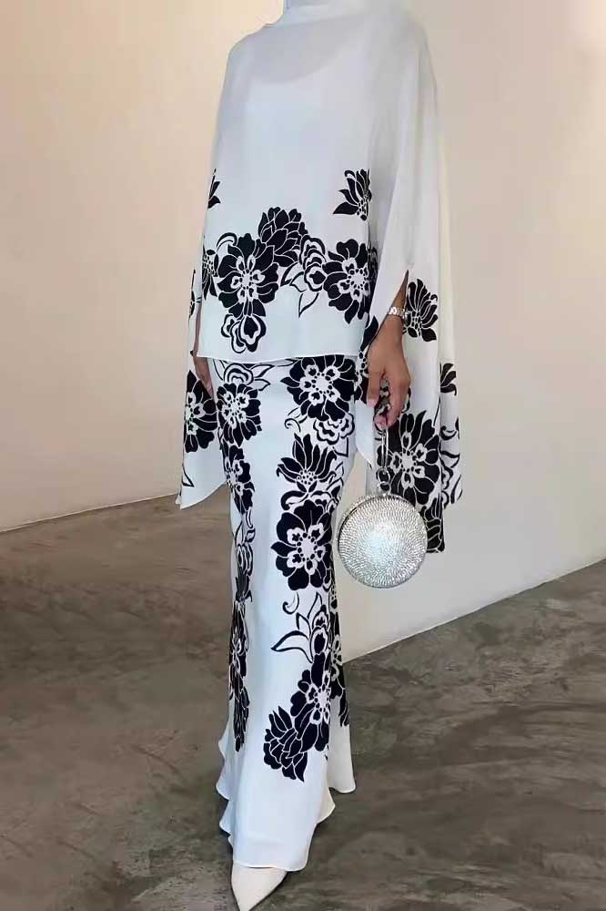 Elegant Floral Turtleneck Skirt Suit
