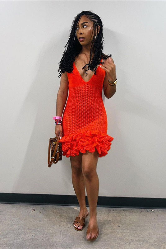 Sara V-neck Ruffle Hem Knit Mini Dress