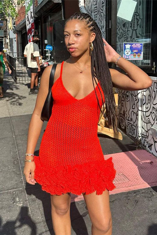 Sara V-neck Ruffle Hem Knit Mini Dress