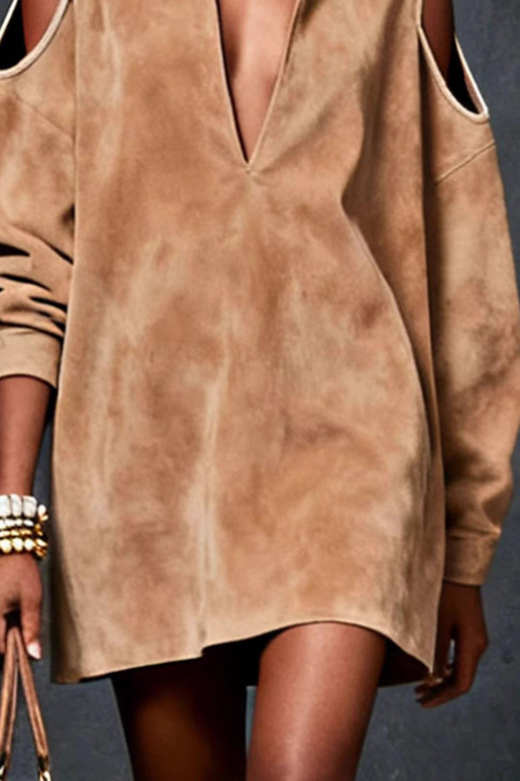 Camel Faux Suede Cold-Shoulder Mini Dress