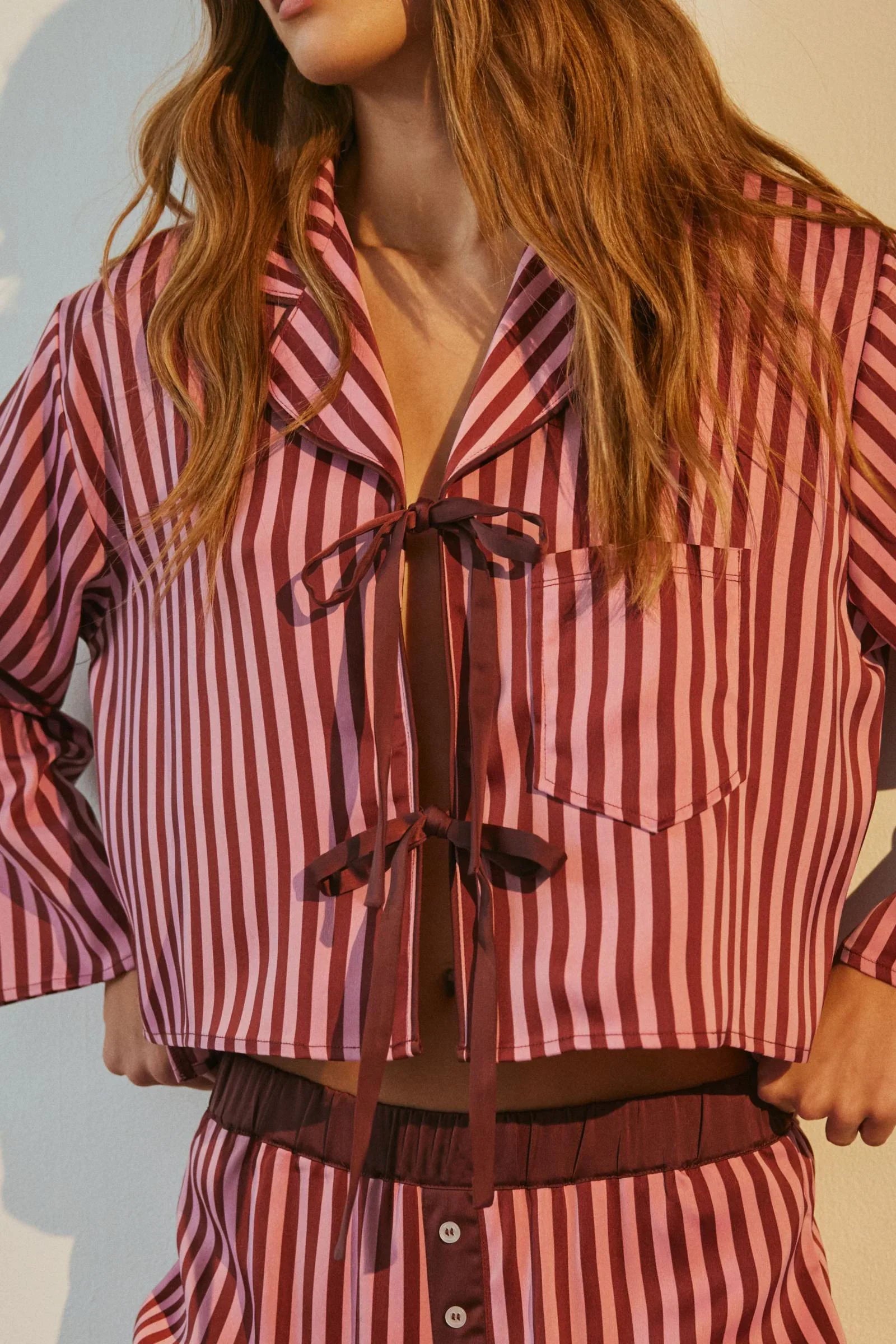 Striped Lace-Up Satin Pajama
