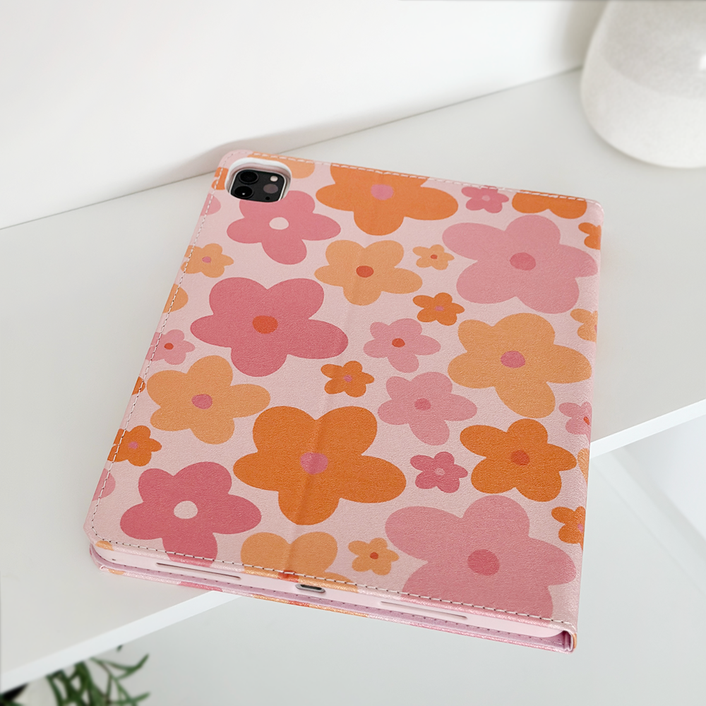 Pembe ve Turuncu Çiçek Desenli iPad Kılıfı 