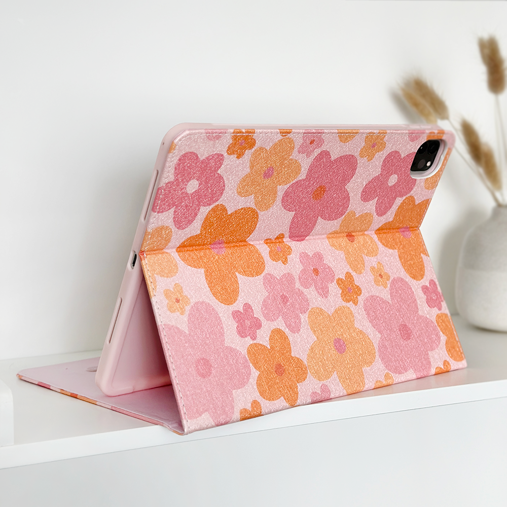 Pembe ve Turuncu Çiçek Desenli iPad Kılıfı 