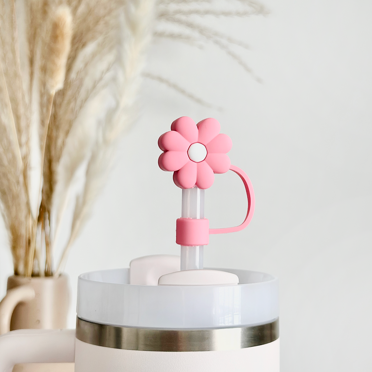 Pembe ve Beyaz Papatya Desenli Hasır Kılıf