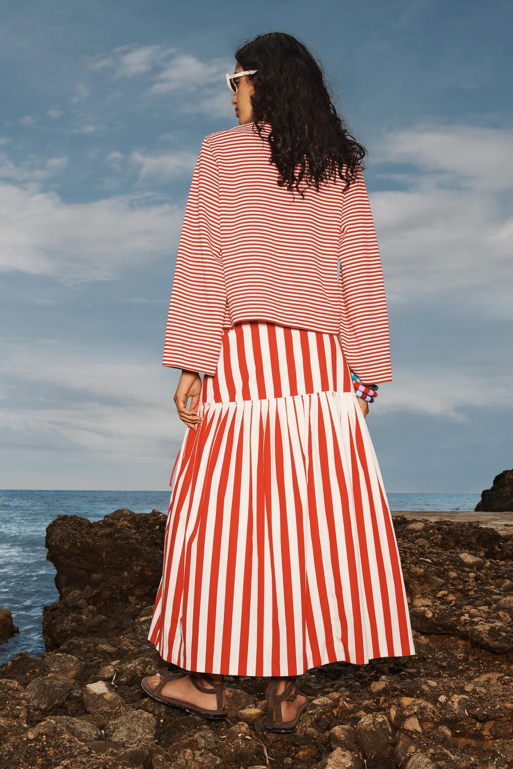 Striped Pleated Midi Skirt