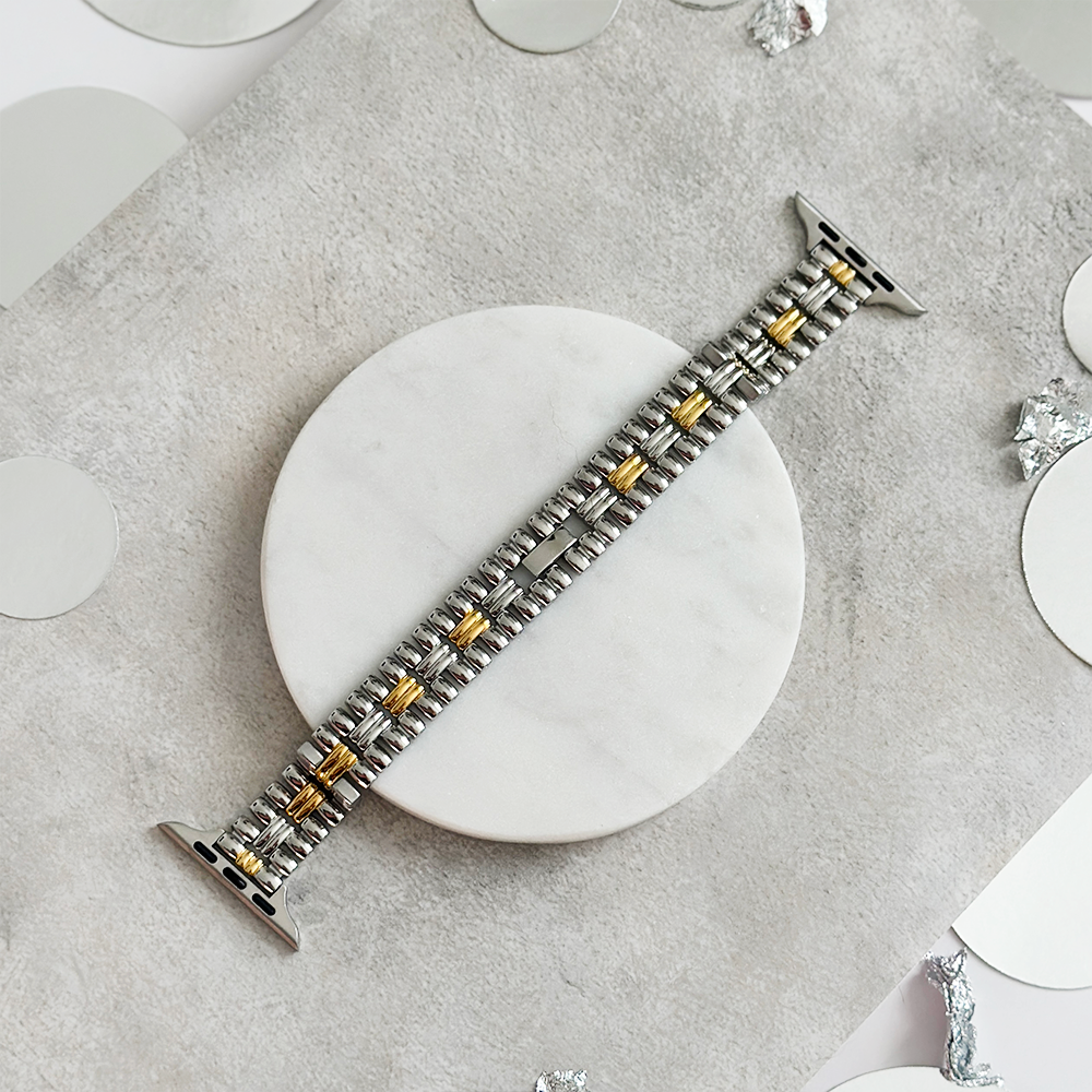 Retro İnce Paslanmaz Çelik Apple Watch Kayışı - Vintage Altın ve Gümüş