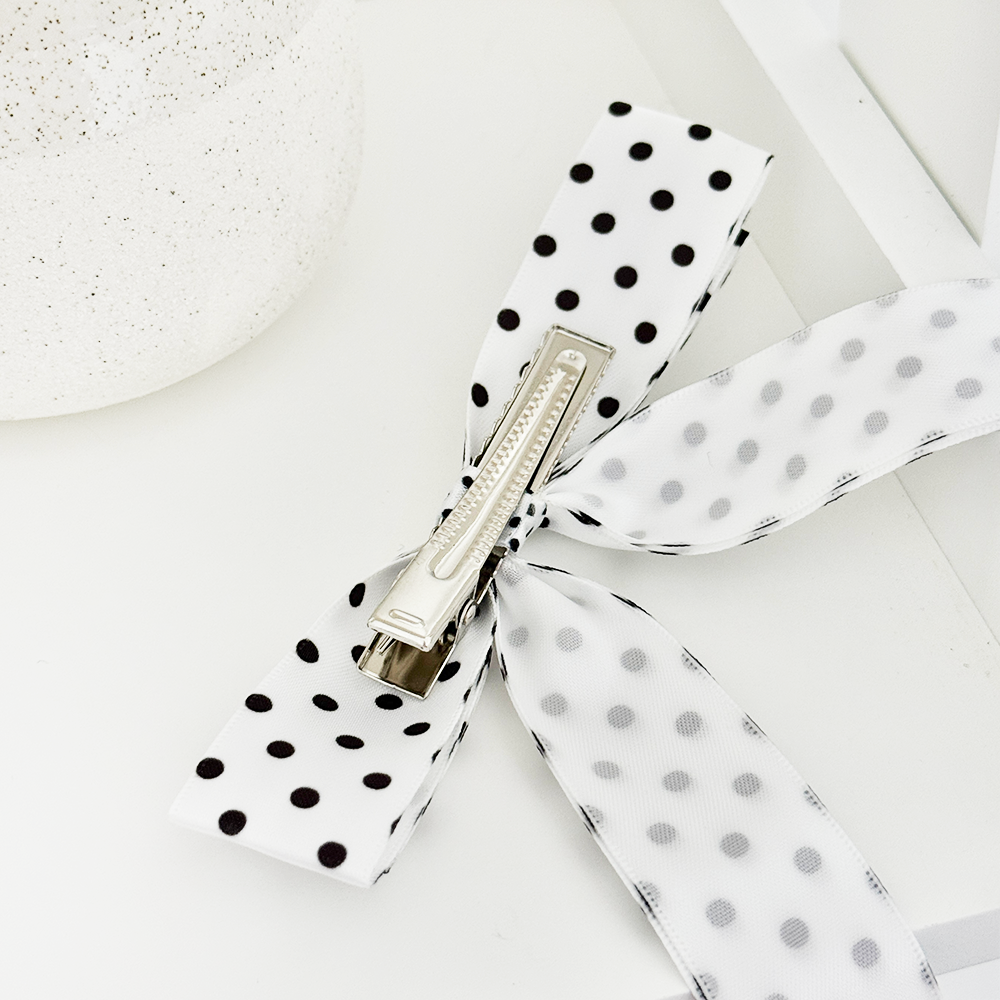 Ribbon Bow Clip - White Polka Dot