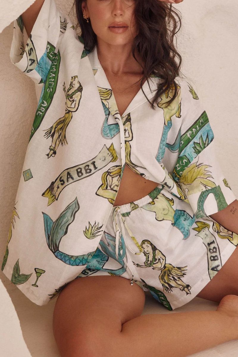 Holiday Mermaid Print Loose Shorts Two-Piece Set