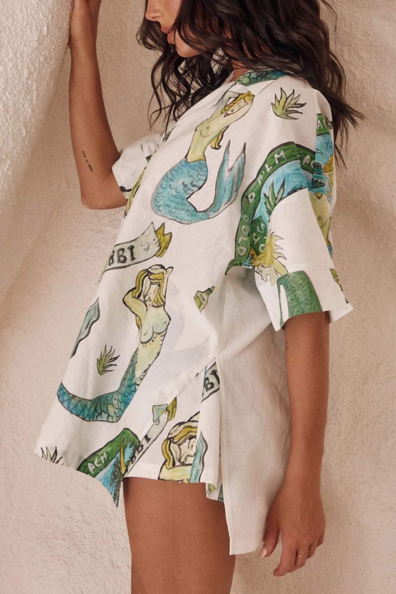 Holiday Mermaid Print Loose Shorts Two-Piece Set