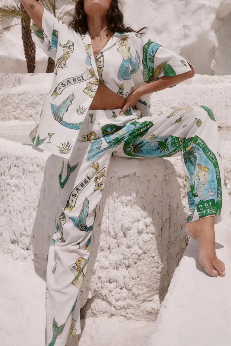 Mermaid Print Short-Sleeved Shirt And Wide-Leg Pants Two-Piece Set