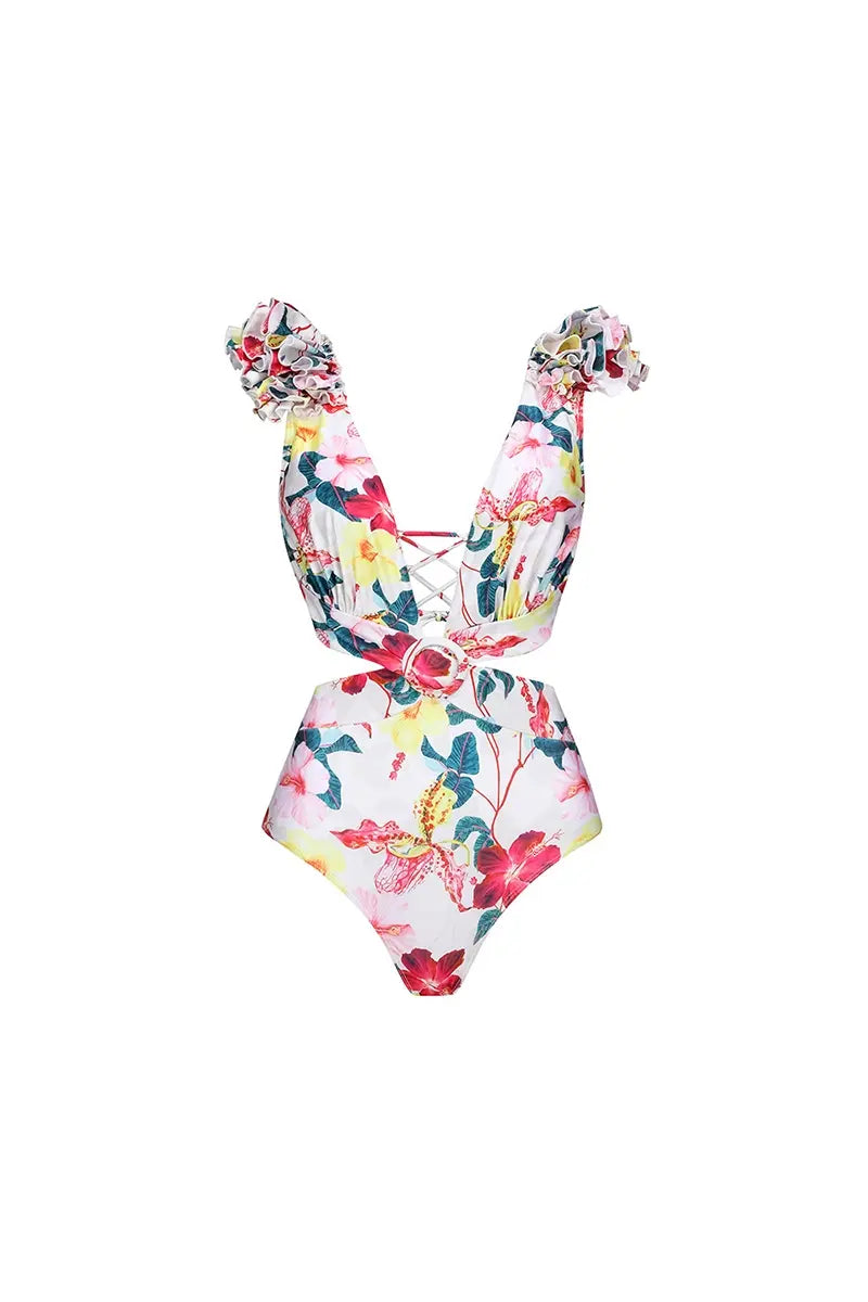 3D Floral Cutout Swimsuit One Piece Set