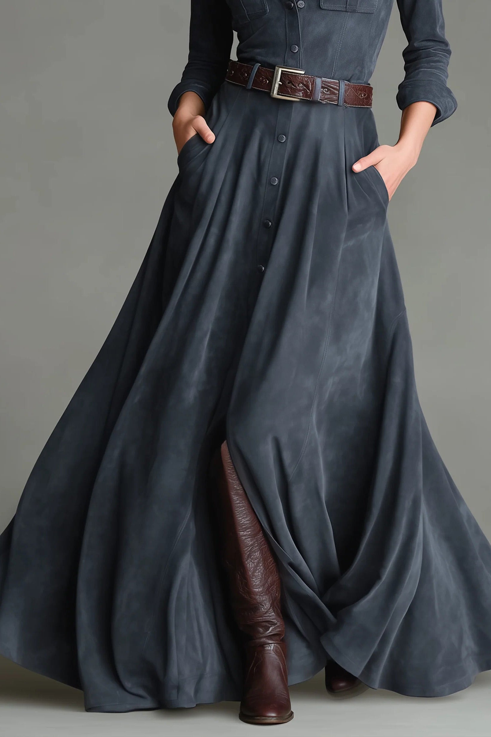 Faux Suede Shirt Collar Single-Breasted Belted Floor-Maxi Dress(Includes Belt)