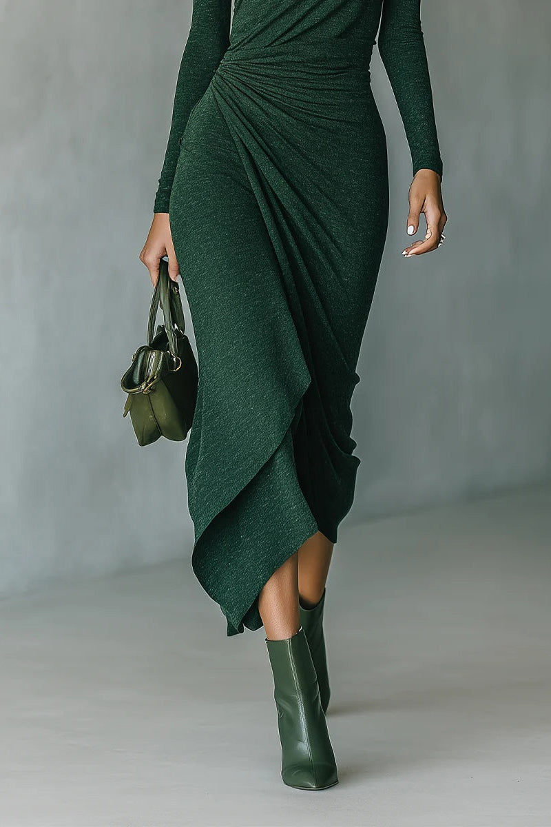 Dark Green Turtleneck Pleated Irregular Wrap Midi Dress