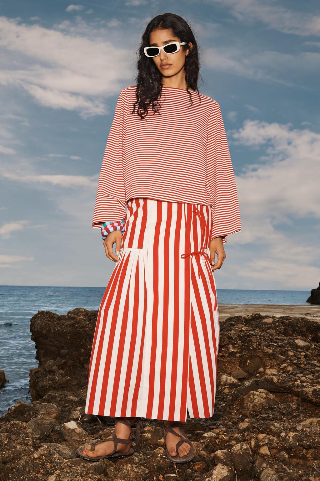 Striped Pleated Midi Skirt