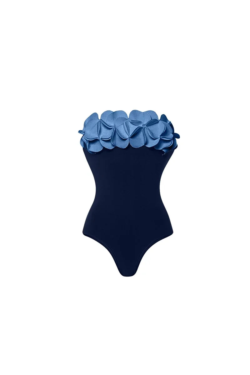 Blue 3D Floral Strapless Swimsuit