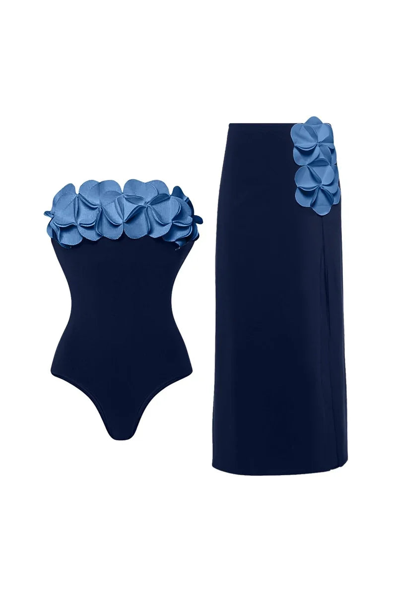 Blue 3D Floral Strapless Swimsuit