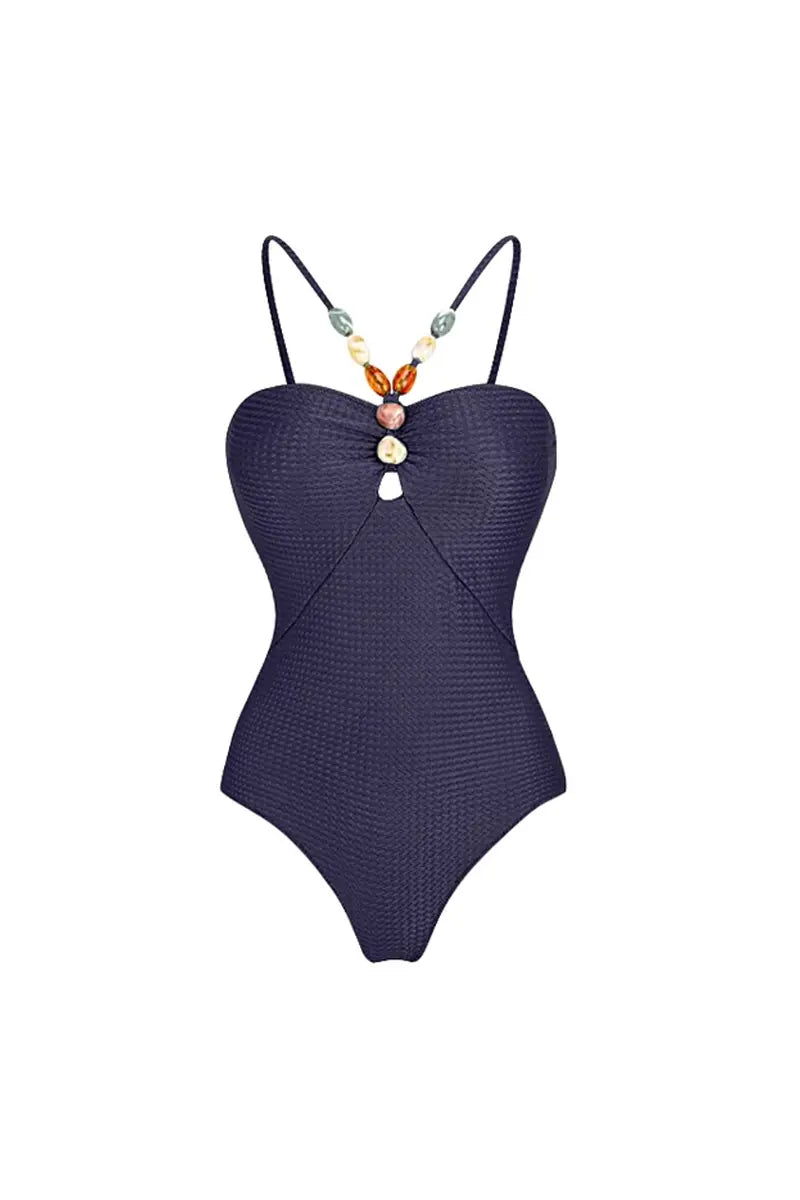 Beaded Textured Fabric One Piece Swimsuit Set