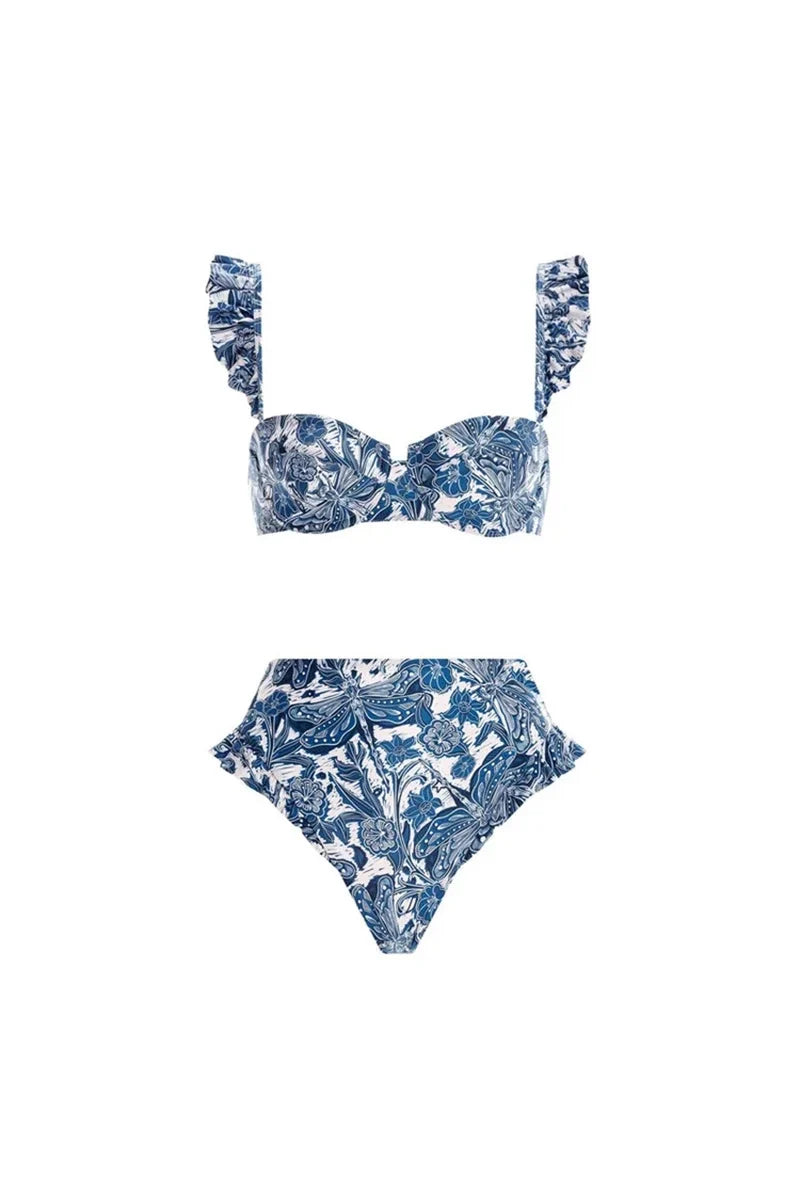 Blue Dragonfly Print Ruffle Bikini Set