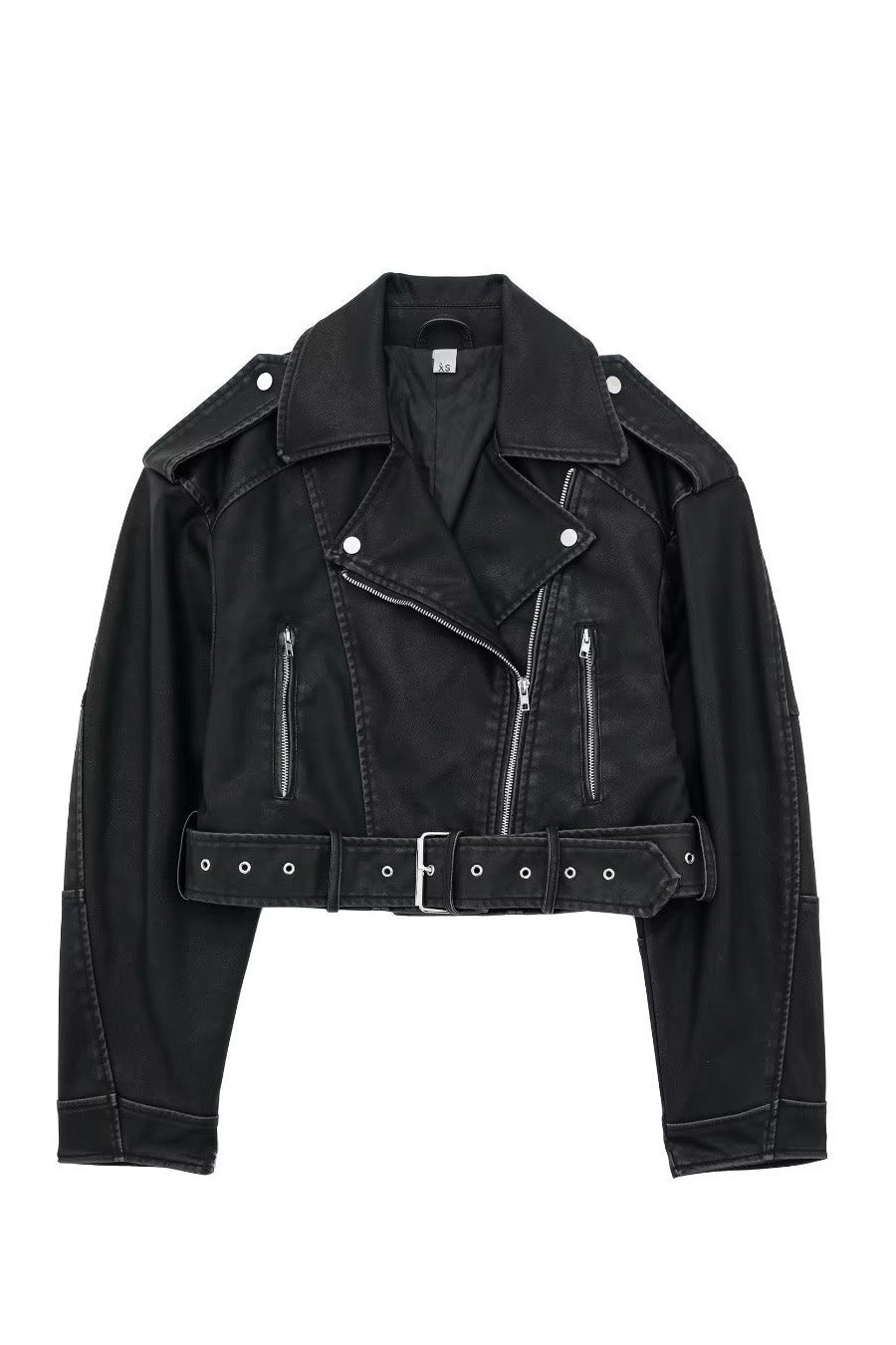 Cropped leather jacket with offset zipper collar