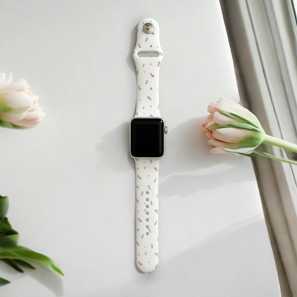 Küçük Çiçekli Beyaz Apple Watch Kayışı