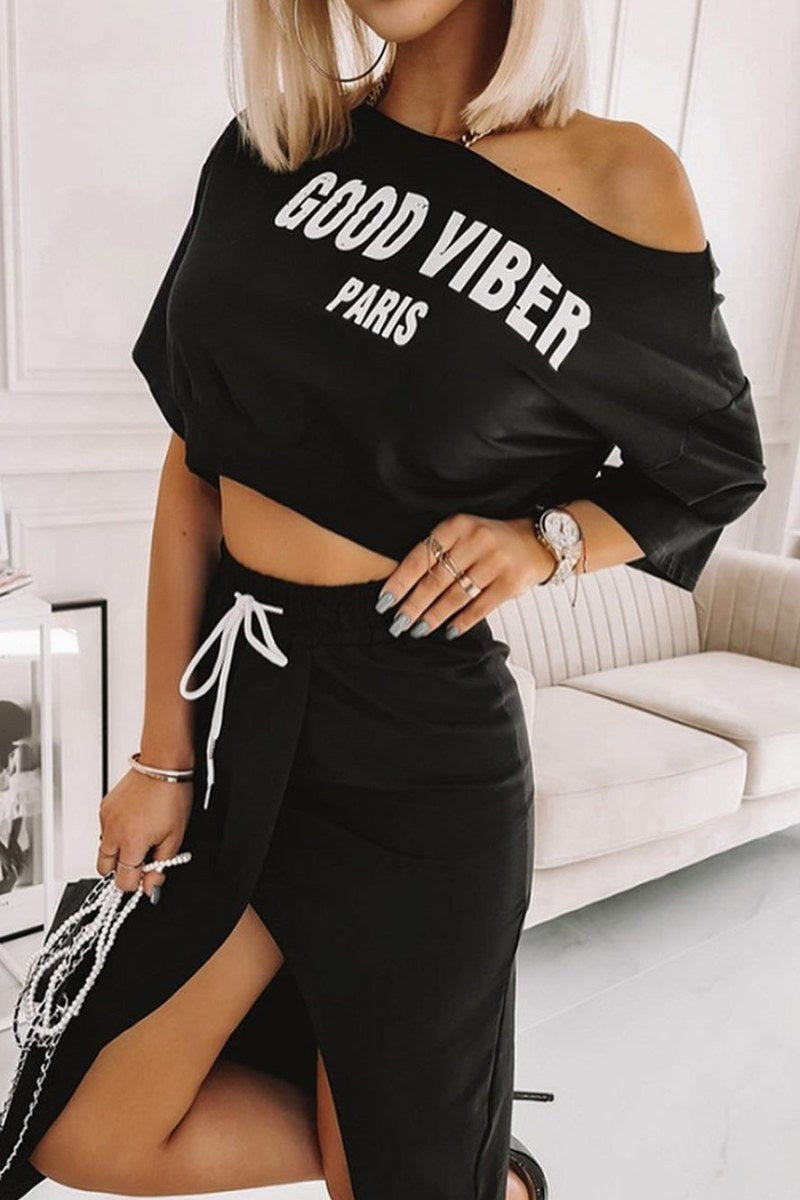 Champagne Wrap Letter Oblique Collar Skirt Set