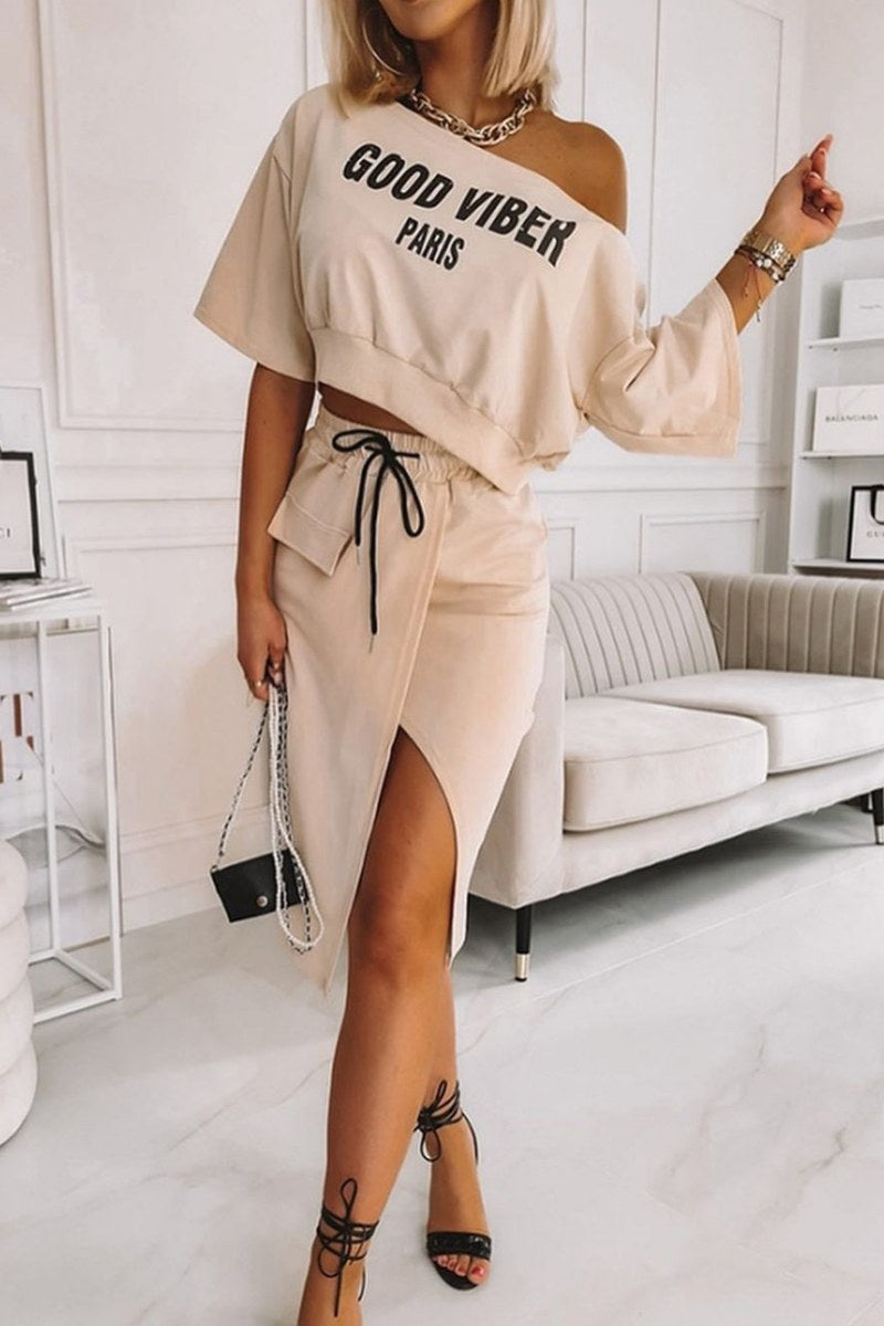 Champagne Wrap Letter Oblique Collar Skirt Set