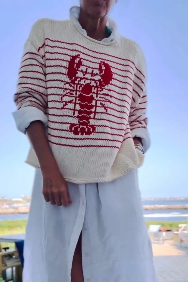 Cream & Red Striped Lobster Graphic Sweater
