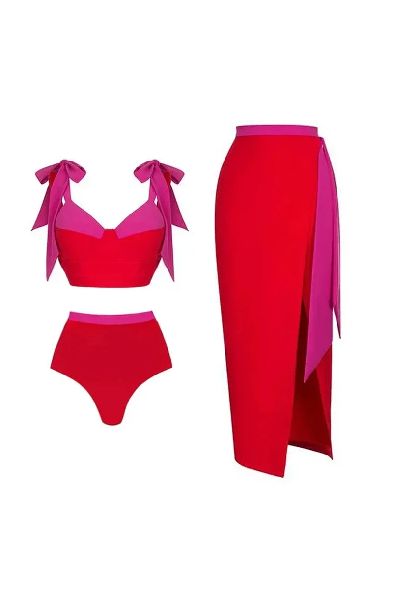 Colorblock Bow Tie Bikini Swimsuit Set